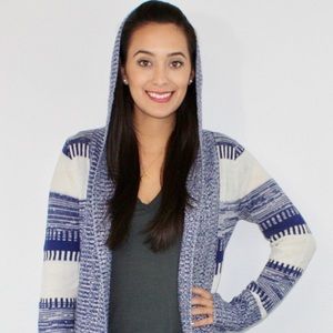 Long, hooded knit cardigan